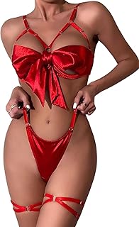 Satin Bow Lingerie Set - Christmas Bowtie Bra Thong Pant